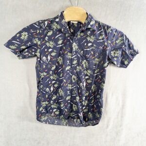 GU Hawaiian Shirt Mens Medium Blue Floral‎ Button Up Resortwear Beach Vacation
